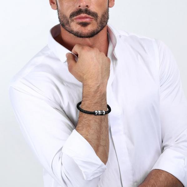 Bratara barbateascaMorellato din piele naturala neagra,otel inoxidabil si cristale negre Bratara Lasardo Gioielli