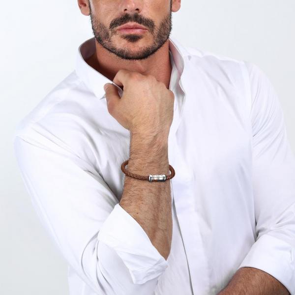 Bratara barbateasca Morellato din piele naturala maro, otel inoxidabil cu accente rose gold Bratara Lasardo Gioielli