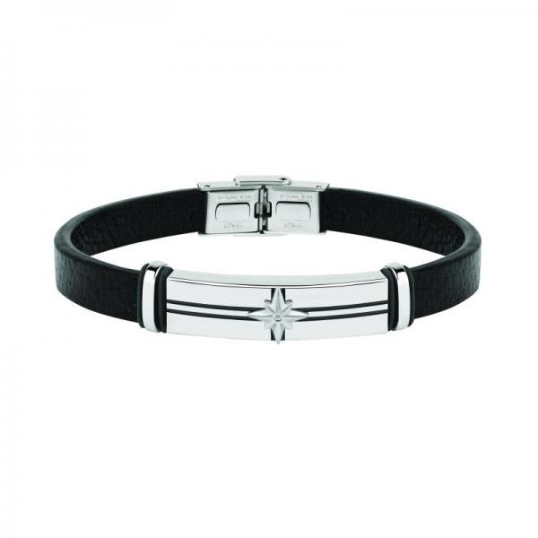 Bratara barbateasca Sector colectia Marine din piele naturala neagra si placuta cu roza vanturilor Bratara Lasardo Gioielli