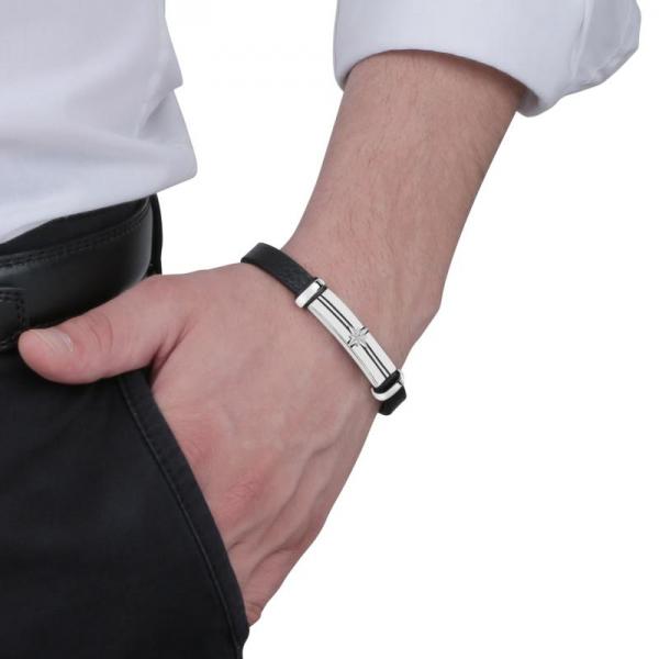 Bratara barbateasca Sector colectia Marine din piele naturala neagra si placuta cu roza vanturilor Bratara Lasardo Gioielli