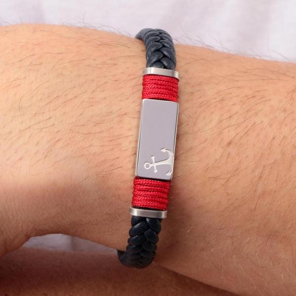 Bratara barbateasca Sector colectia Bandy cu piele naturala bleumarin si insertii rosii Bratara Lasardo Gioielli