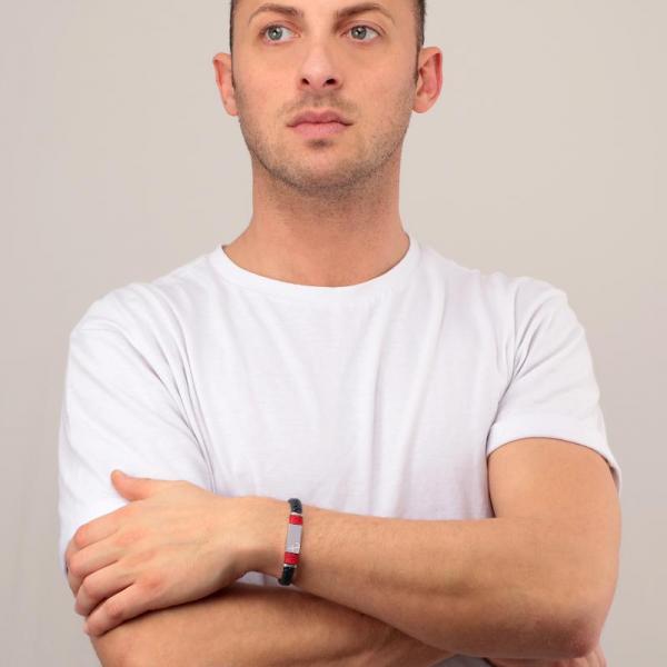 Bratara barbateasca Sector colectia Bandy cu piele naturala bleumarin si insertii rosii Bratara Lasardo Gioielli