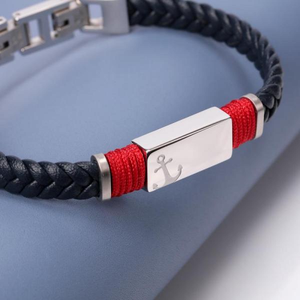 Bratara barbateasca Sector colectia Bandy cu piele naturala bleumarin si insertii rosii Bratara Lasardo Gioielli