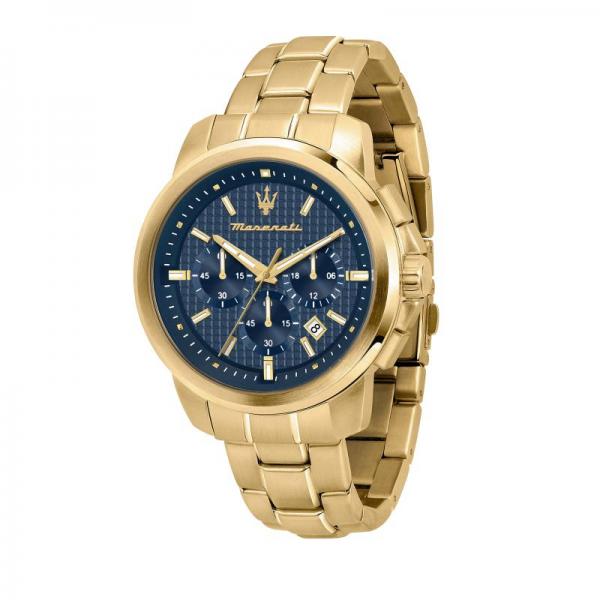 Ceas barbatesc Maserati colectia Successo curea metalica aurie si cadran albastru Ceas Lasardo Gioielli