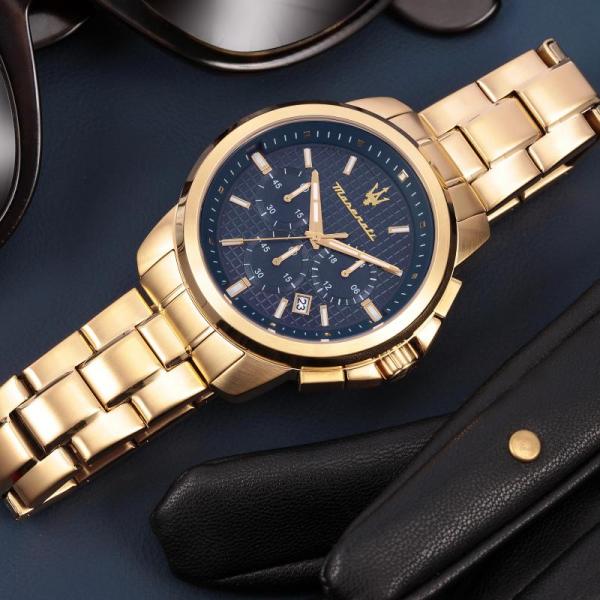 Ceas barbatesc Maserati colectia Successo curea metalica aurie si cadran albastru Ceas Lasardo Gioielli