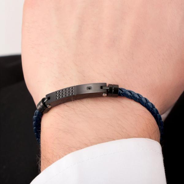 Bratara barbateasca Morellato din piele naturala bleumarin si otel inoxidabil cu accente negre Bratara Lasardo Gioielli