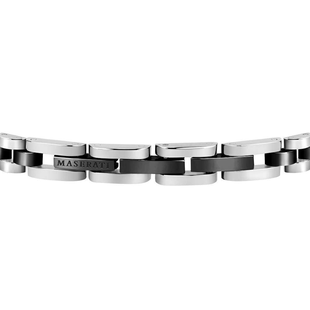 Accesoriu bărbătesc Maserati, brățară Iconic argintiu-negru, design modern și simbol auriu, ajustabilă la încheietură