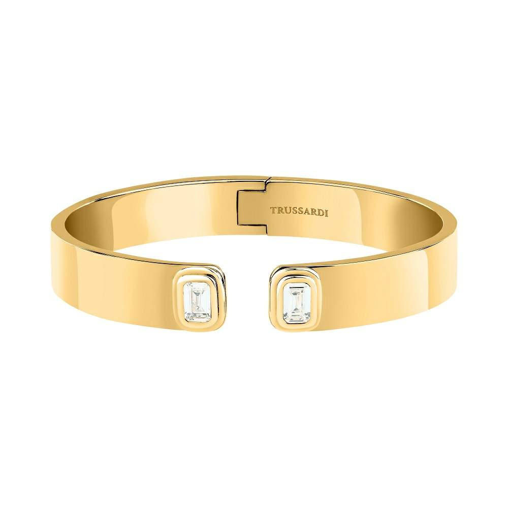  Bratara rigida din otel rodiat auriu Trussardi cu deschidere frontala si doua diamante cz dreptunghiulare.