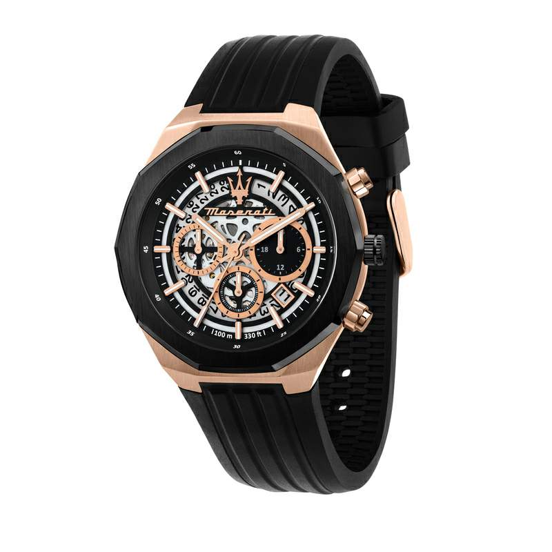 Ceas Barbatesc Maserati Stile Cronograph Curea Silicon Neagra si Elemente Rose Gold Ceas Lasardo Gioielli