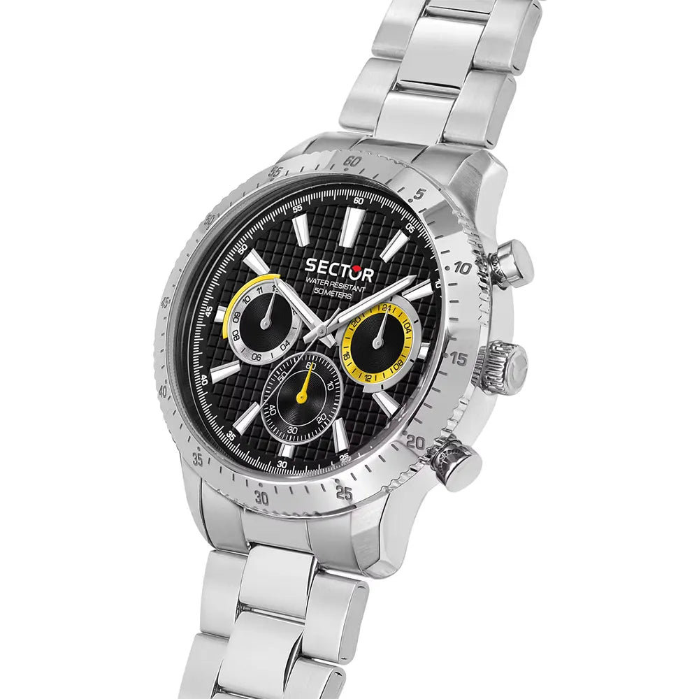 Ceas Barbatesc Sector 270 Dual Time Curea Metalica Argintie Cadran Negru si Elemente Galbene Ceas Lasardo Gioielli