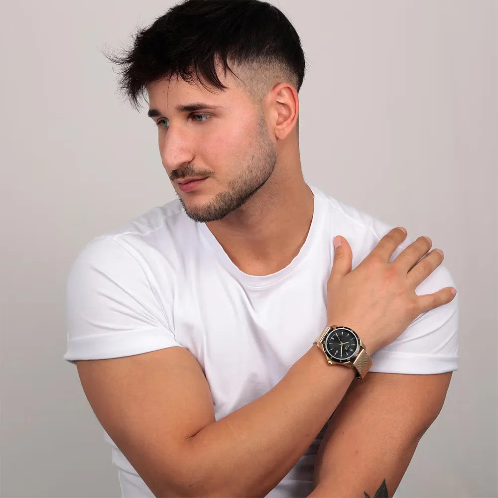 Ceas Barbatesc Sector 650 Curea Aurie Mesh si Cadran Negru Ceas Lasardo Gioielli