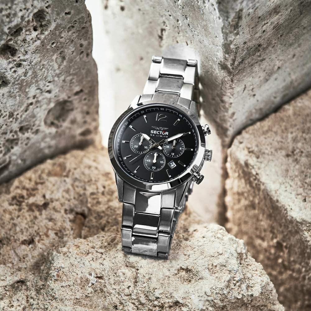 Ceas Barbati Sector 660 Cronograf Curea Metalica Argintie si Cadran Negru Ceas Lasardo Gioielli