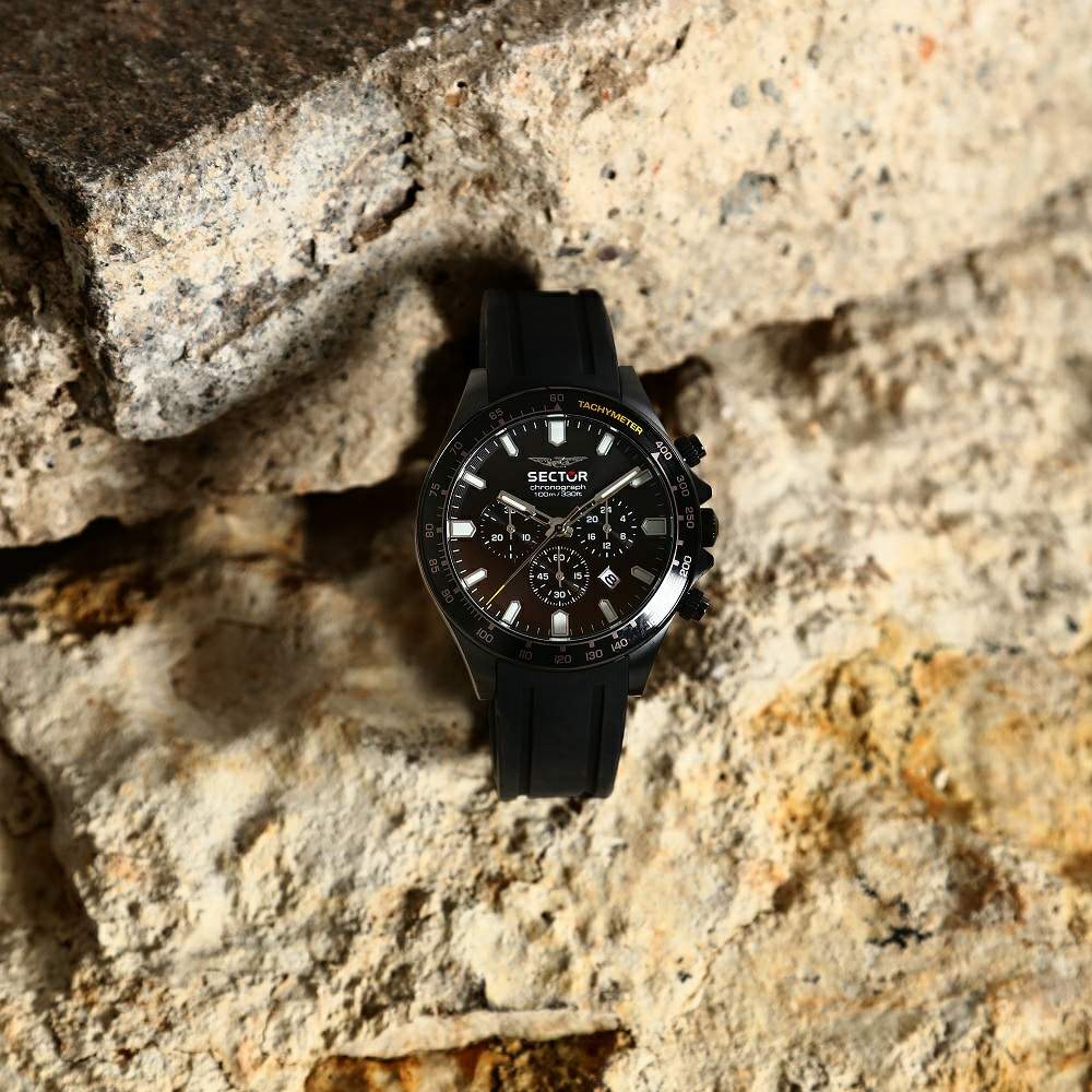 Ceas Barbatesc Sector 230 Cronograph Curea Silicon Neagra si Cadran Negru Ceas Lasardo Gioielli