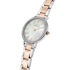 Detaliu cadran ceas Morellato, sidef argintiu cu indicatori rose gold si geam din cristal mineral
