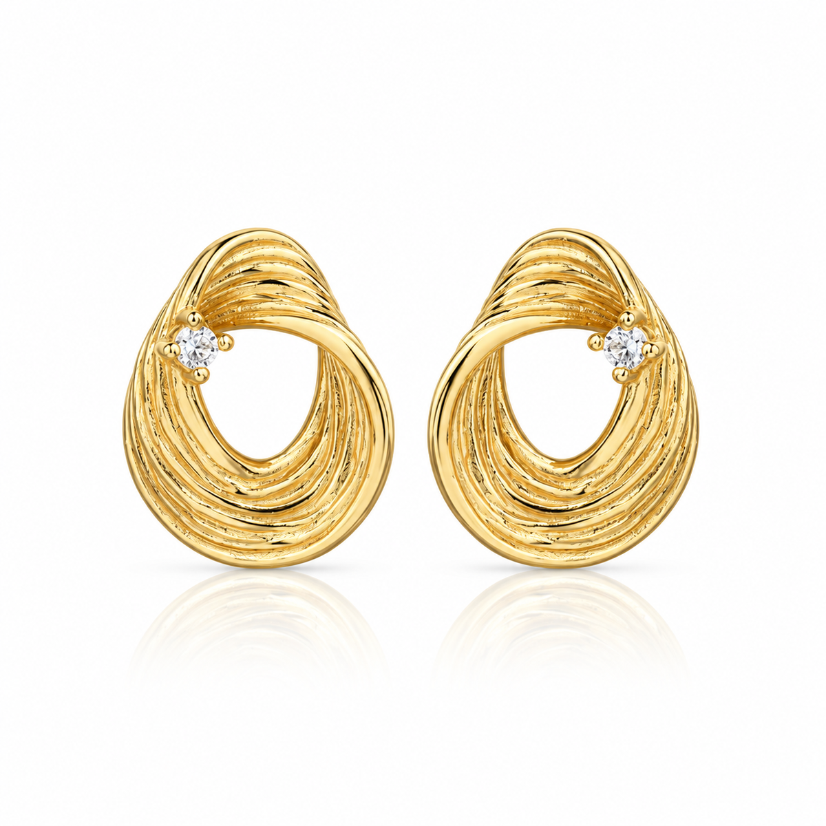 Cercei dama din argint 925 rodiat auriu cu diamante CZ albe claritate AAAAA, design oval sculptural vedere frontala
