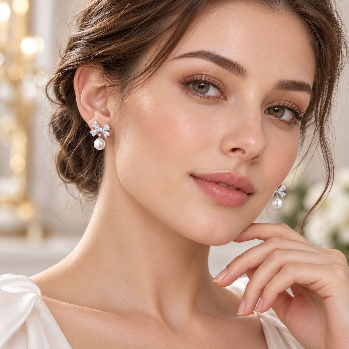 Cercei dama din argint 925 rodiat fundita cu perla alba 6 mm si Diamante CZ claritate AAAAA la urechea unui model feminin elegant