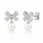 Cercei dama din argint 925 rodiat fundita cu perla alba 6 mm si Diamante CZ claritate AAAAA