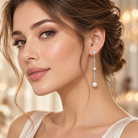 cercei lungi din argint 925 cu perla de cultura si diamante CZ albe claritate AAAAA la urechea unui model feminin elegant