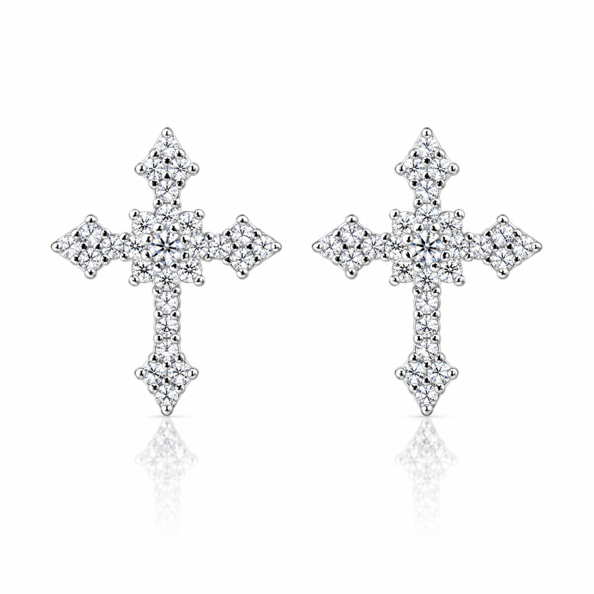 Cercei dama din argint 925 rodiat in forma de cruce cu diamante CZ albe claritate AAAAA vedere frontala
