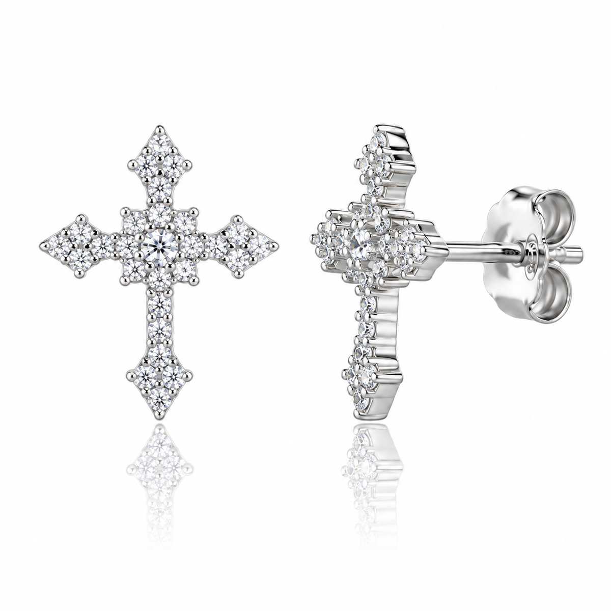 Cercei dama din argint 925 rodiat in forma de cruce cu diamante CZ albe claritate AAAAA