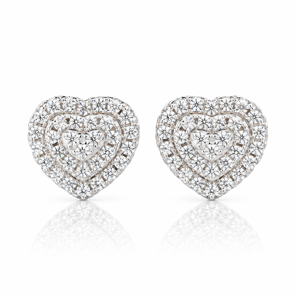 Cercei dama argint 925 rodiat inima cu Diamante CZ albe claritate AAAAA micropave vedere frontala