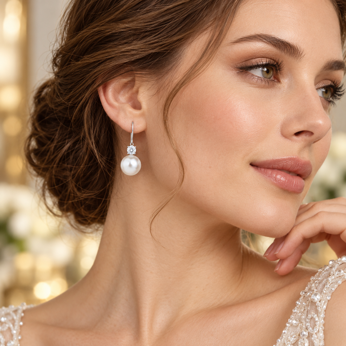 Cercei dama din argint 925 rodiat cu perla de cultura si Diamante CZ albe claritate AAAAA la urechea unui model feminin elegant