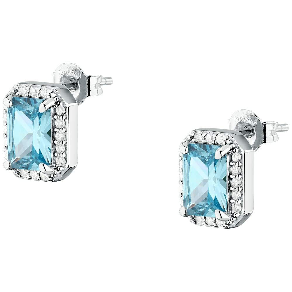 cercei argint 925 rodiat brand morellato cu acvamarin si halo de diamante cz albe