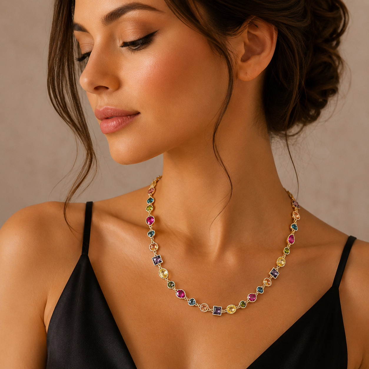 Colier Dama Argint 925 Rodiat Auriu cu Ametist, Peridot, Spinel și Topaz Colier Lasardo Gioielli