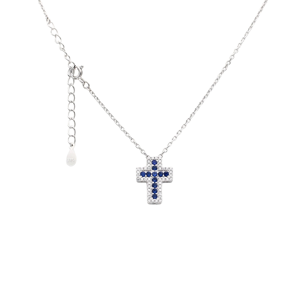 colier argint 925 rodiat cu pandantiv cruce safire si diamante cz albe incuietoare cu prelungire