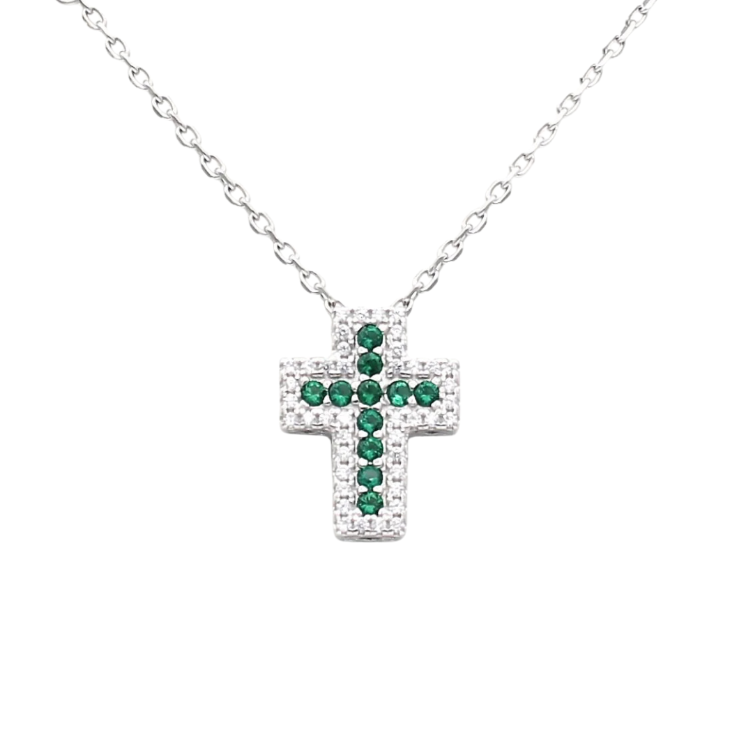 Colier din argint 925 rodiat cu pandantiv cruce cu smaralde si diamante cz