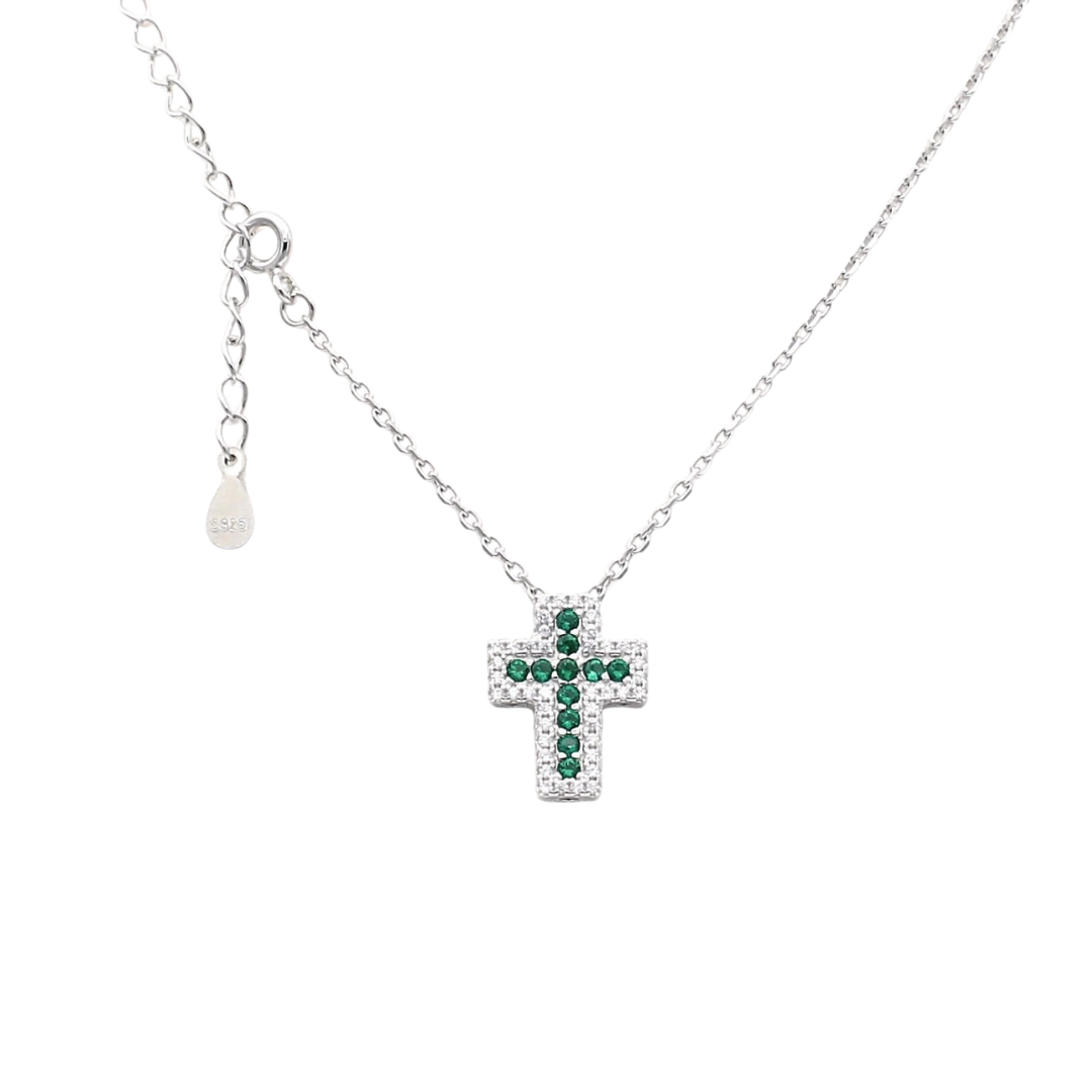 Colier din argint 925 rodiat cu pandantiv cruce cu smaralde si diamante cz incuietoare cu prelungire