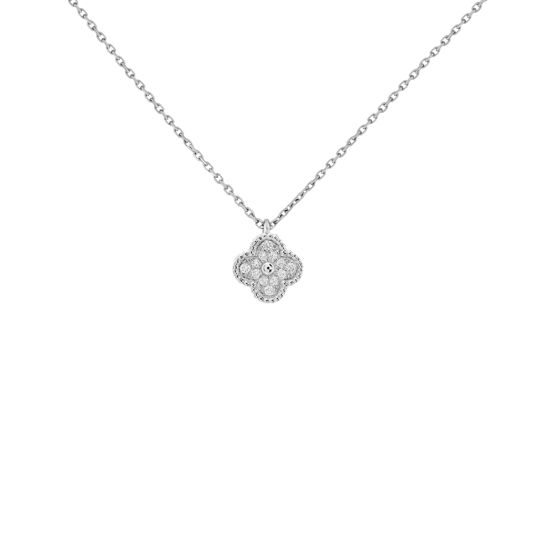 colier argint rodiat cu panndantiv trifoi diamante cz albe