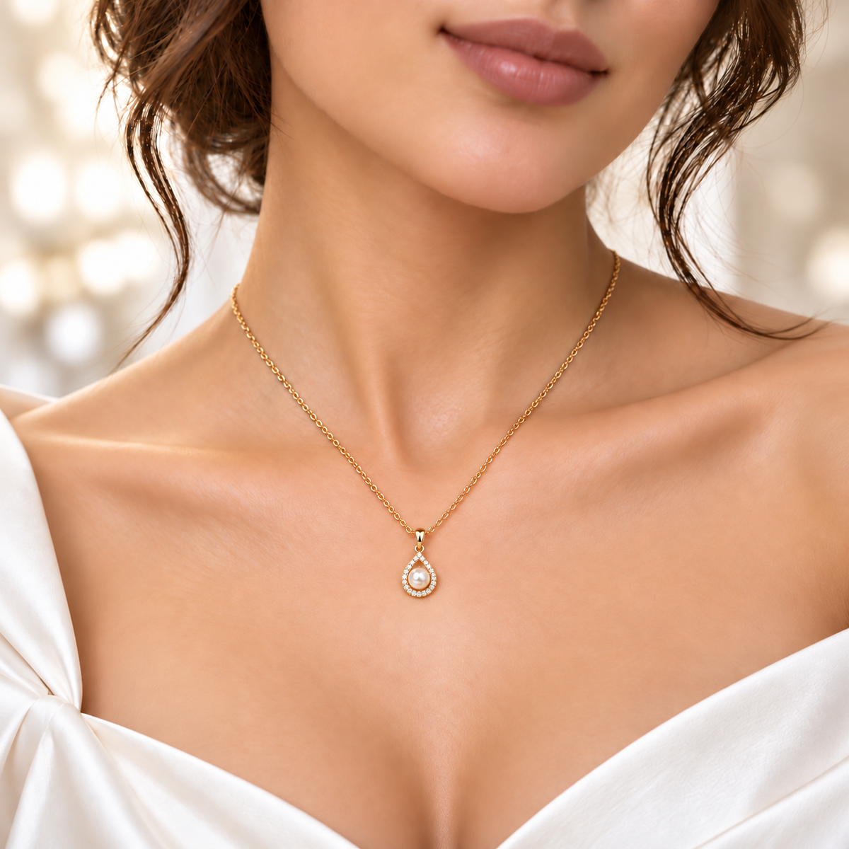 Colier dama din argint 925 rodiat auriu cu perla de cultura 8 mm si diamante CZ albe claritate AAAAA la gatul unui model feminin elegant