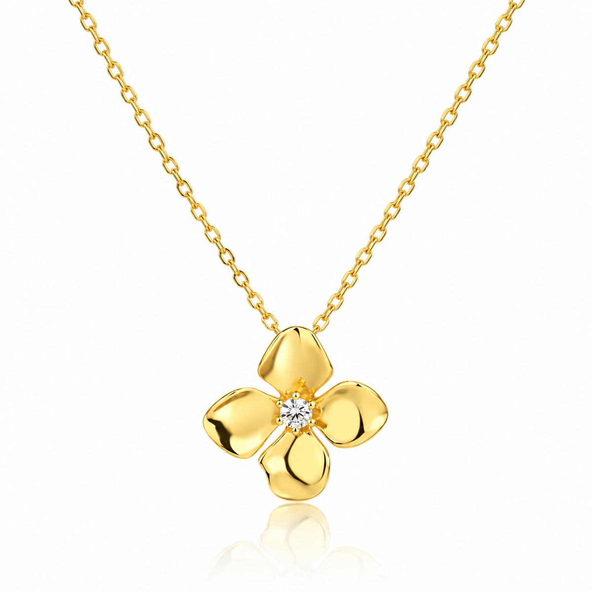 Colier dama din argint 925 rodiat auriu cu pandantiv floare si diamant CZ alb claritate AAAAA 0.3 ct