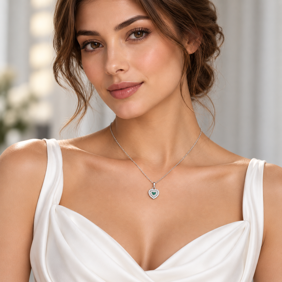 Colier dama din argint 925 rodiat cu pandantiv inima, Diamante CZ albe AAAAA si Smaralde CZ verzi la gatul unui model feminin elegant