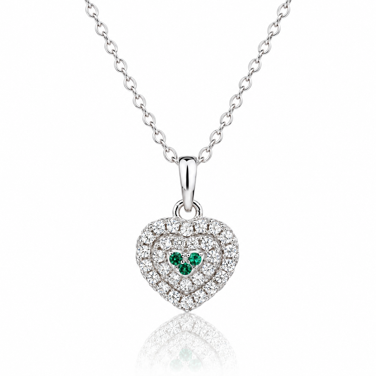 Colier dama din argint 925 rodiat cu pandantiv inima, Diamante CZ albe AAAAA si Smaralde CZ verzi