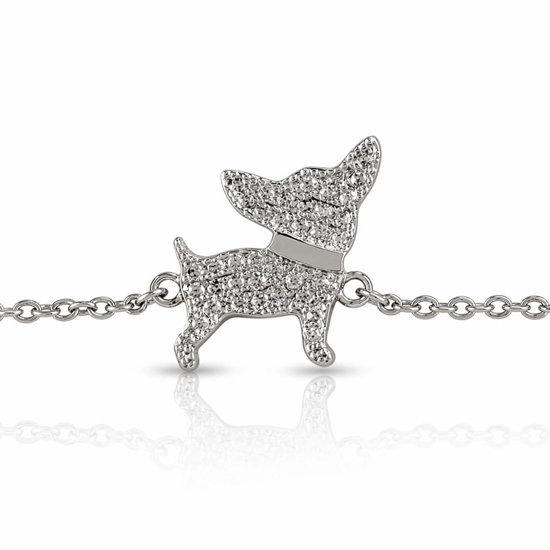 Bratara fina din argint 925 rodiat cu pandantiv in forma de catelus batut in diamante CZ micropave, colectia Lasardo Gioielli, detaliu