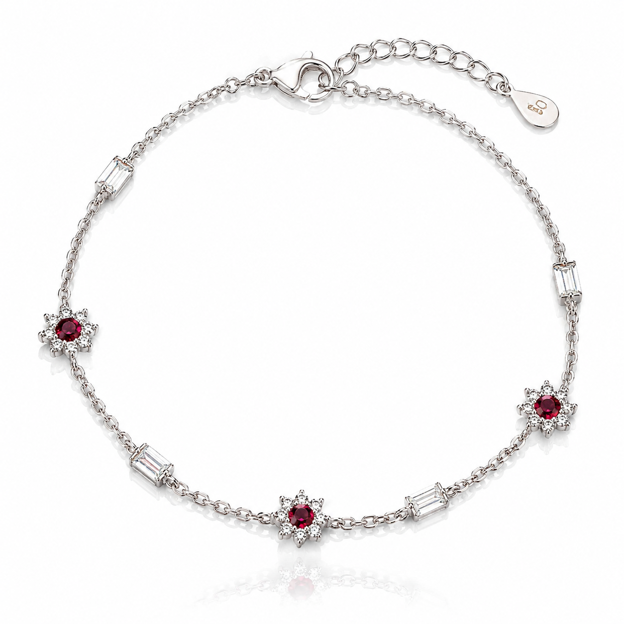 Bratara din argint 925 rodiat cu lantisor fin, trei motive florale din rubine CZ rosii si patru elemente rectangulare cu diamante CZ albe baguette cut