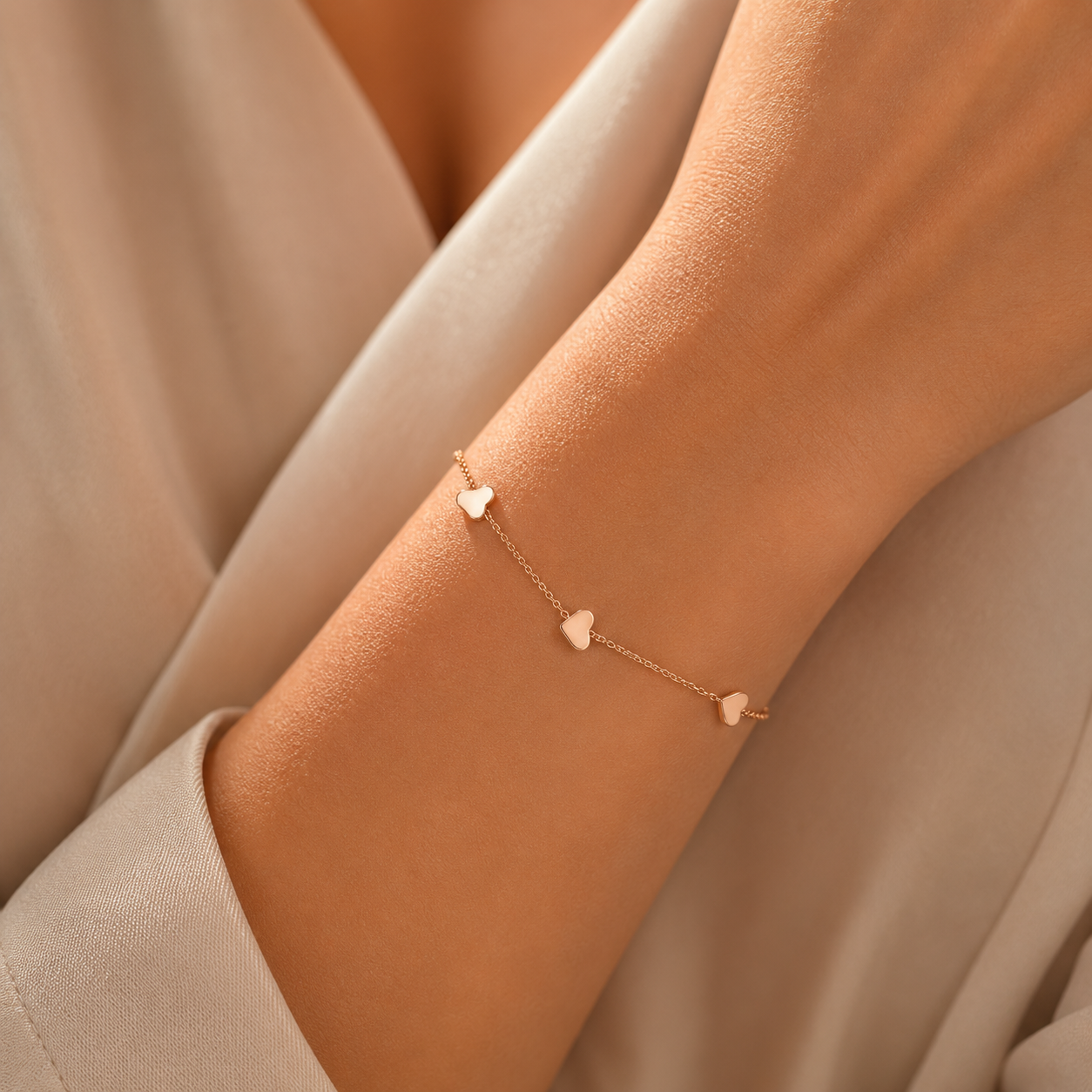Model feminin purtand la incheietura mainii bratara fina din argint rose gold cu trei detalii in forma de inima