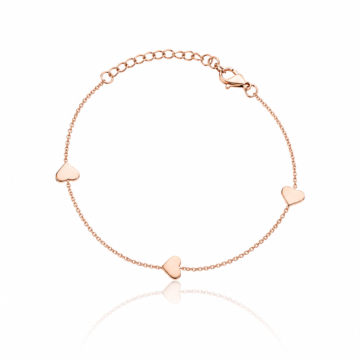 Bratara din argint 925 rodiat rose gold formata dintr-un lant fin si trei elemente in forma de inima lucioase