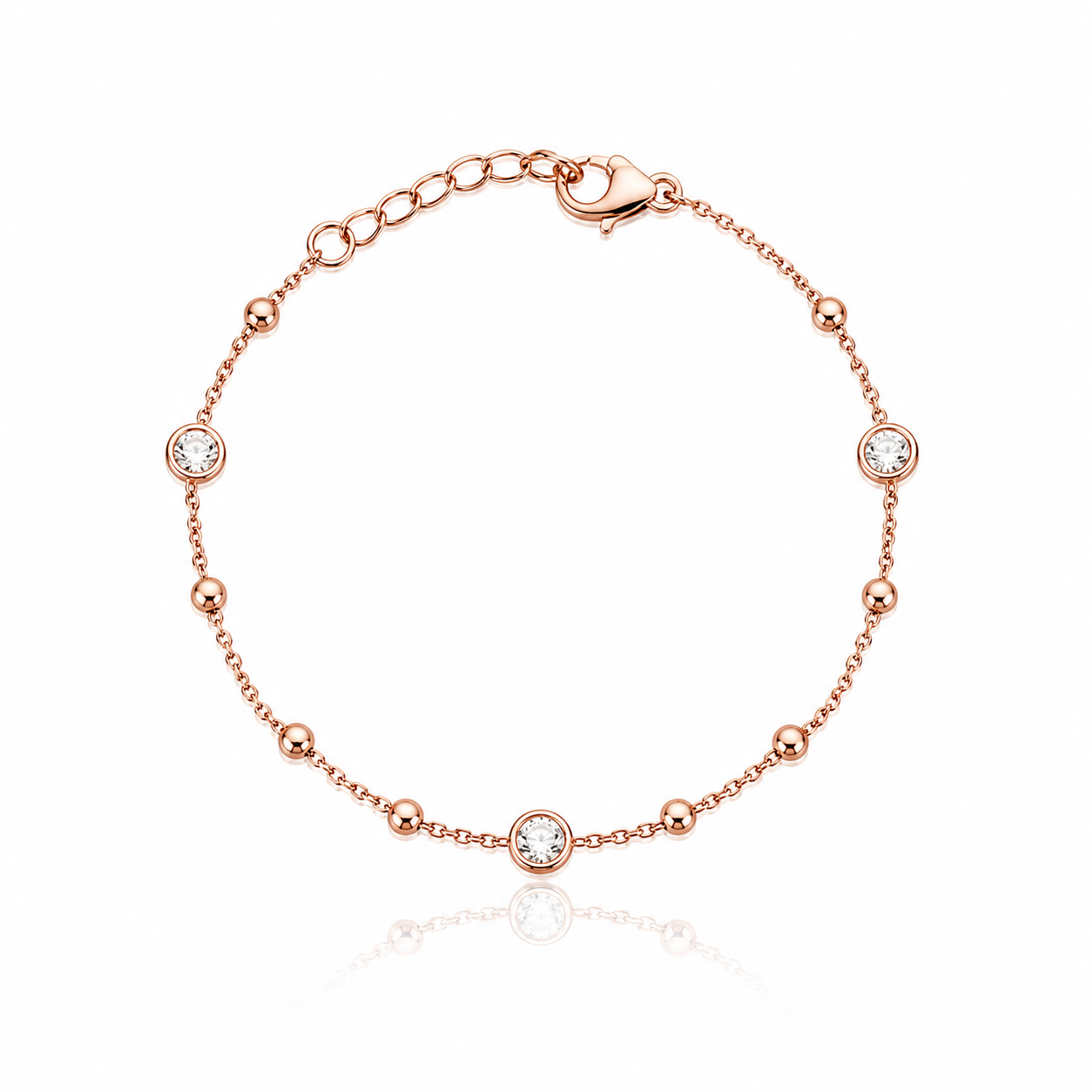  Bratara de dama din argint 925 finisaj rose gold dispusa in forma circulara cu trei cristale rotunde incastrate si sfere metalice lucioase.