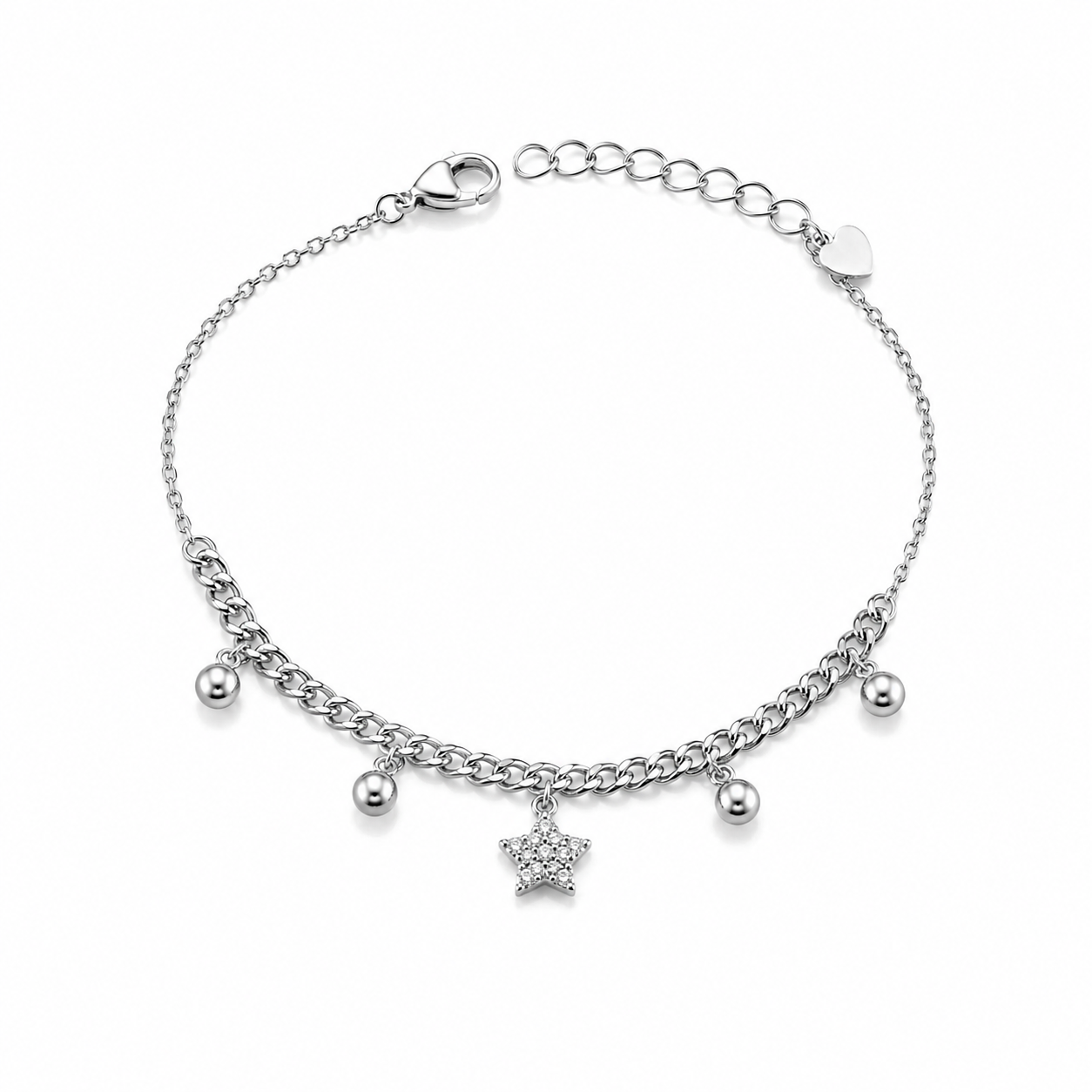 Bratara din argint 925 rodiat cu element central in forma de stea pavata cu diamante CZ si patru sfere lucioase