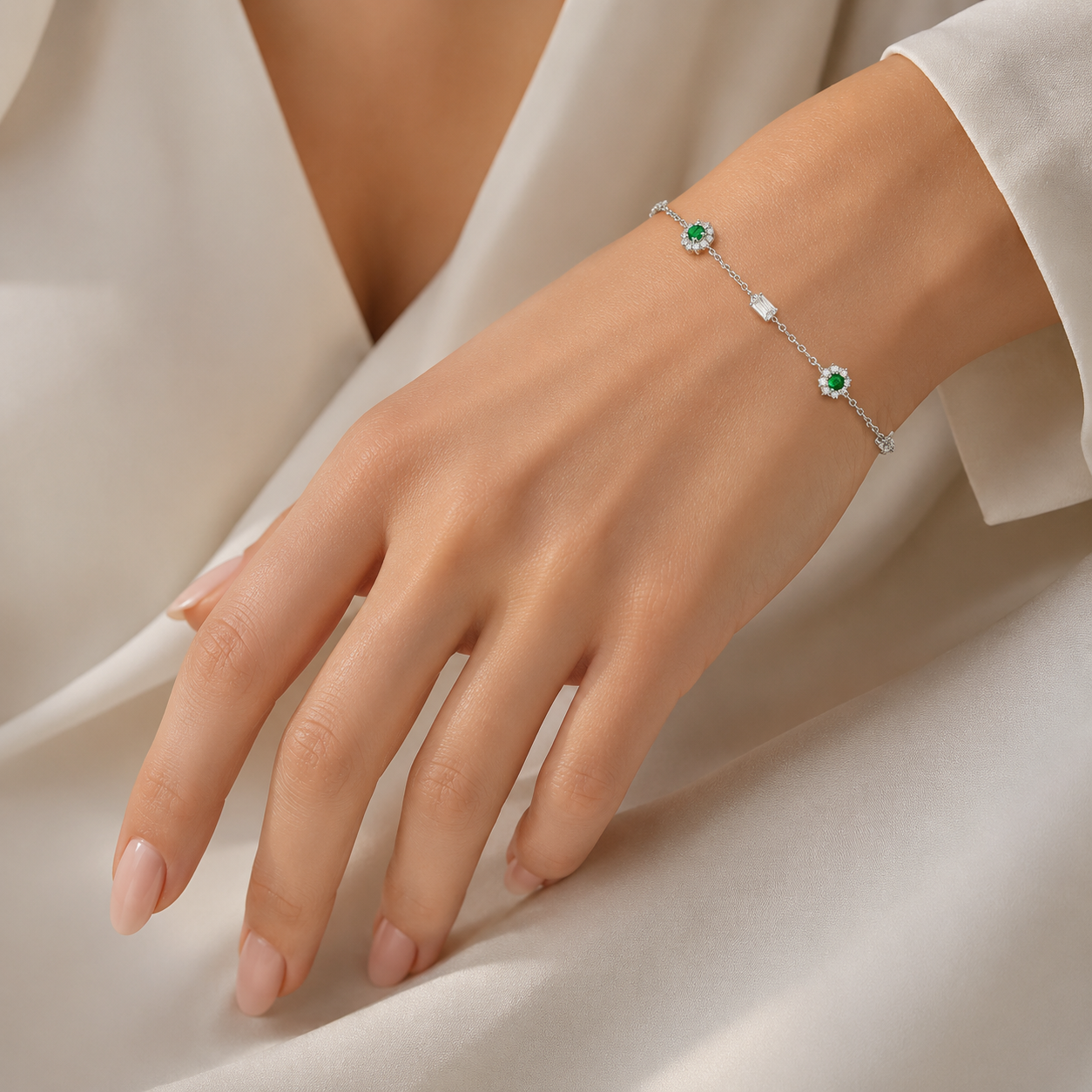 Plan apropiat macro de inalta precizie ce surprinde montura stabila a smaraldului CZ verde si taietura geometrica curata a diamantelor CZ baguette.