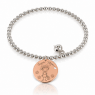 Bratara din zale sferice din argint 925 rodiat cu medalion banut rose gold gravat Super Mom si charm clopotel sferic argintiu pe elastic.