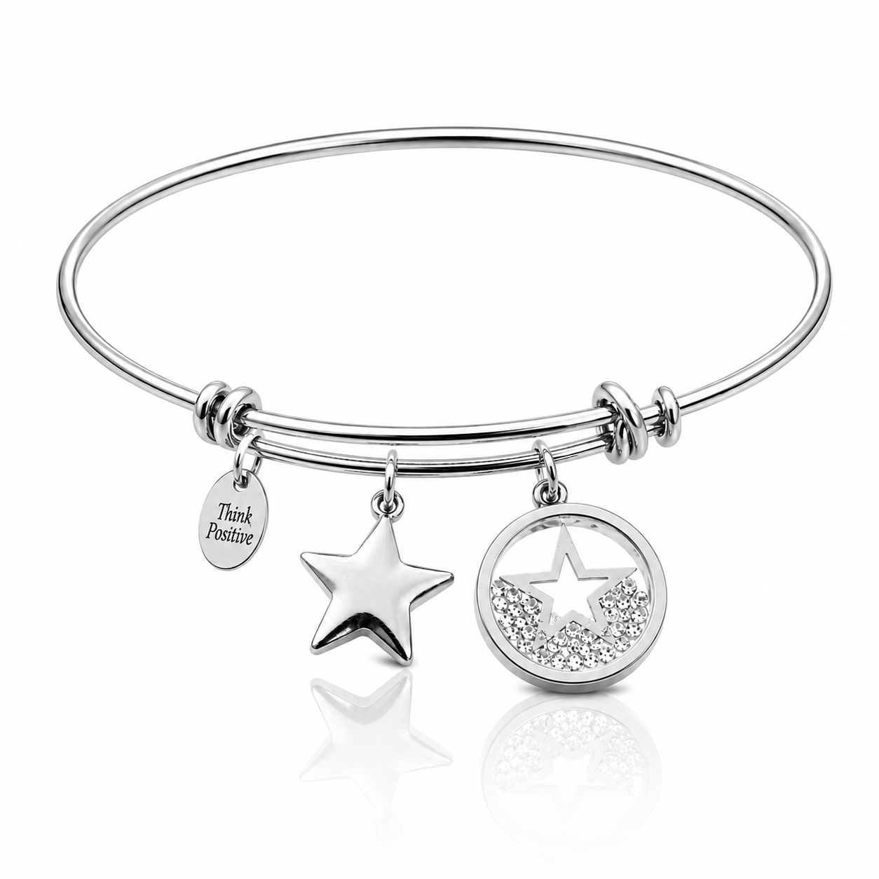 bratara rigida think positive din otel inoxidabil 316 L hipoalergenic placat cu rodiu cu charmsuri stele cu cristala swarovski