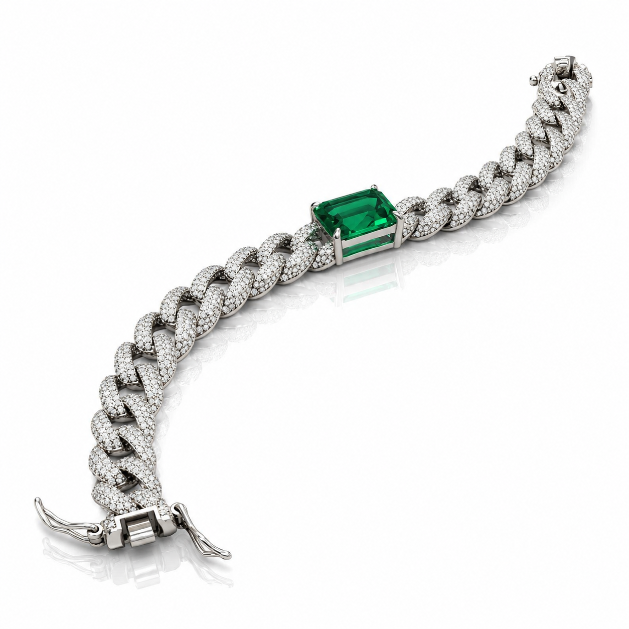 bratara tennis din argint 925 rodiat cu diamante cz albe si smarald dreptunghiular lungime 18 cm 