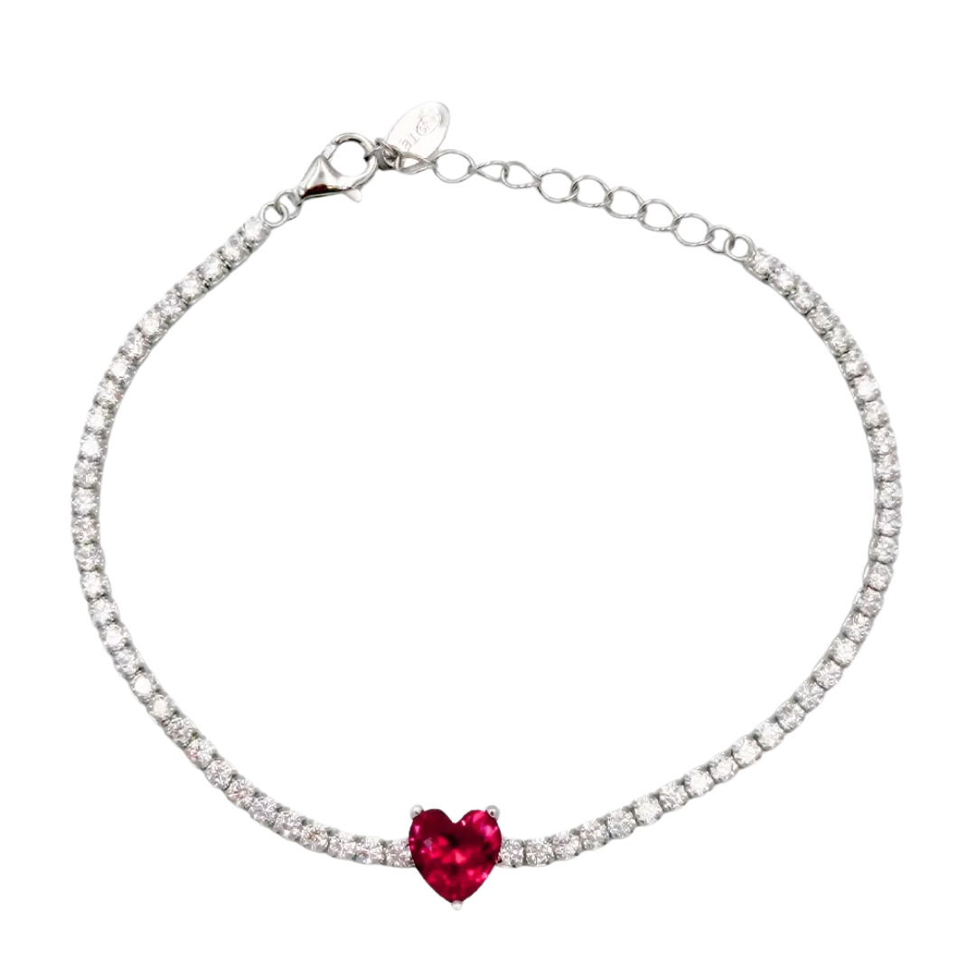 bratara tennis argint rodiat cu inima rosie