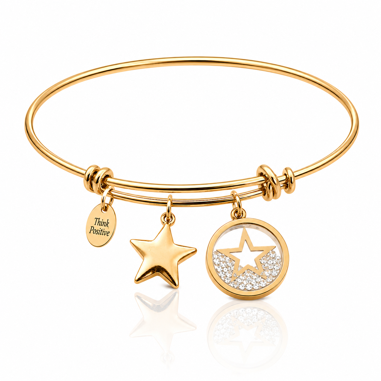 bratara rigida think positive din otel inoxidabil 316 L hipoalergenic placat cu rodiu auriu cu charmsuri stele cu cristale swarovski