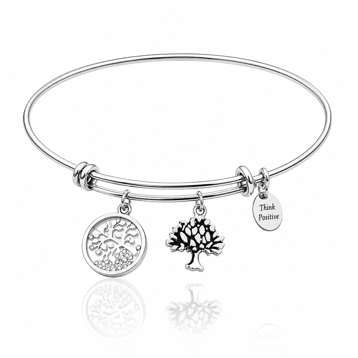 bratara rigida think positive din otel inoxidabil 316 L hipoalergenic cu charmsuri pomul vietii si cristale swarovski