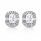 Vedere frontala a cerceilor din argint 925 cu diamant CZ central taietura Asscher si halo de cristale.